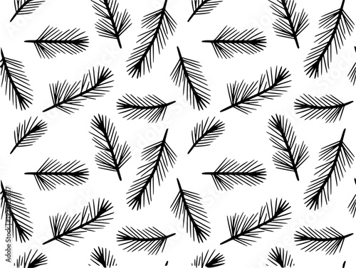 Black pine needles scattered a white background seamless pattern branch christmas