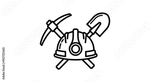 Mining equipment illustration featuring a helmet, pickaxe, and shovel, representing the industry.