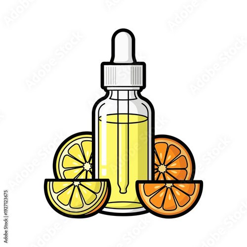 Illustration of citrus-infused essential oil dropper with sliced lemons and oranges