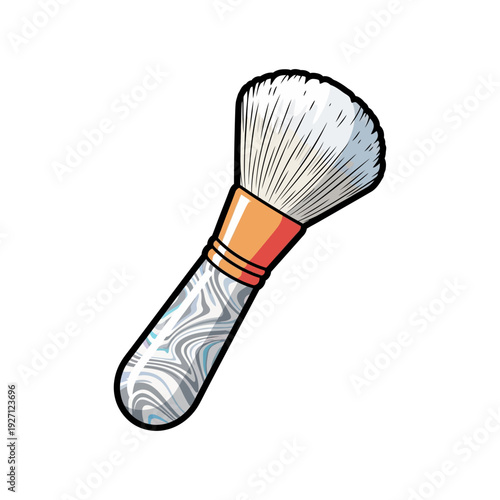 A stylized makeup brush with a wooden handle and soft bristles
