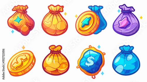 Collection of stylized, colorful illustrations of treasure sacks and coins with sparkling accents