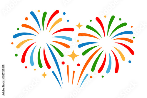 Colorful fireworks exploding in a heart shape with stars and confetti white background