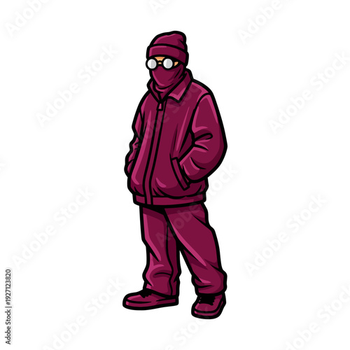 A stylized character wearing a maroon hooded jacket and goggles standing confidently.