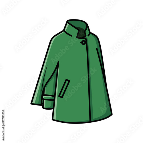A stylish green trench coat displayed with a front button and belted waist.