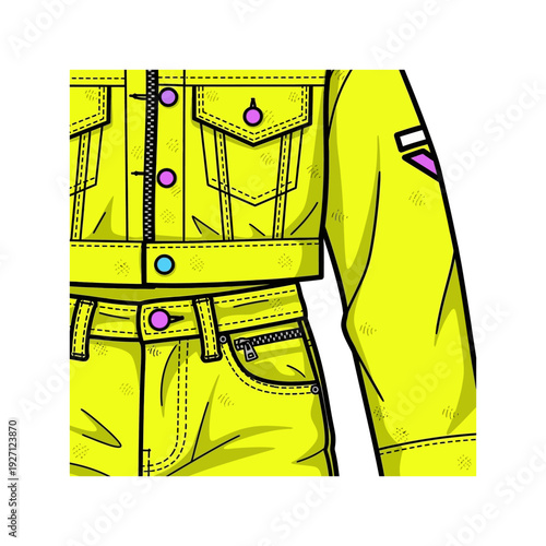Bright yellow utility jacket and pants with distinctive pockets and patches