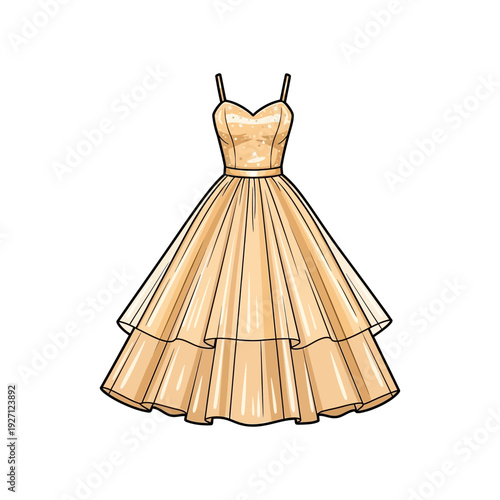 Elegant vintage-style dress with layered skirt and thin straps