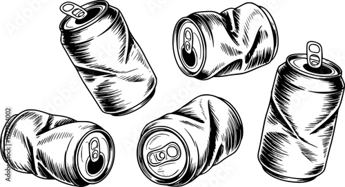 Hand Drawn Crushed Soda Cans Scattered White Background crumpled beverage