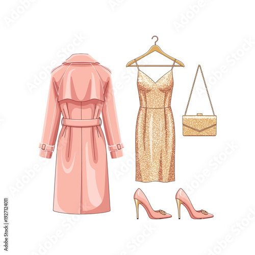 Elegant outfit featuring a pink trench coat, sequin dress, and accessories