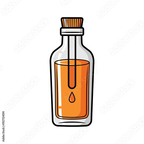 Illustration of a bottle with amber liquid dripping from its dropper cap