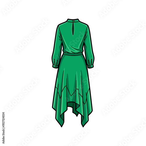 Elegant green dress with wrap front and asymmetrical hemline design