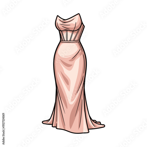 Elegant pink strapless floor-length gown with fitted waist and flowing skirt