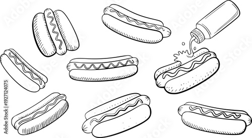 Hand Drawn Hot Dog Collection with Mustard and Ketchup Bottle White Background hotdog