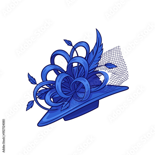 Elegant blue floral fascinator hat with intricate lace detailing and decorative curls