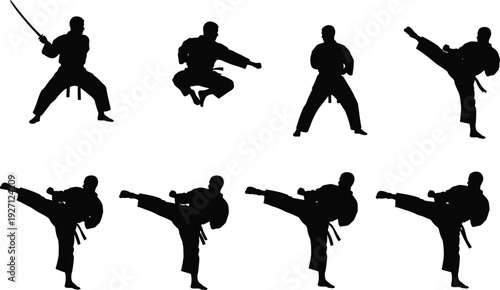 Martial arts karate fighter silhouettes collection with dynamic kicking poses vector illustration isolated on white background action set