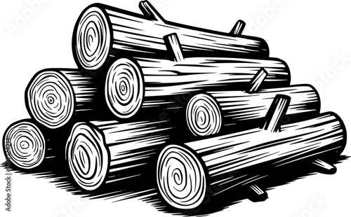Stacked Black and White Wood Logs with Visible Grain and Knots White Background timber