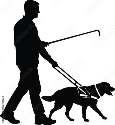 Silhouette of a blind man walking with guide dog