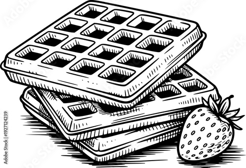 Stacked square waffles with a single strawberry in a hand drawn style food breakfast