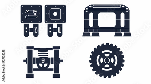 Simplified, dark-colored illustrations of mechanical components and engineering elements on white background