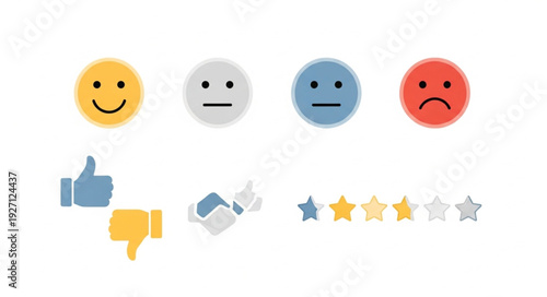 Customer feedback icons with emojis and star ratings.