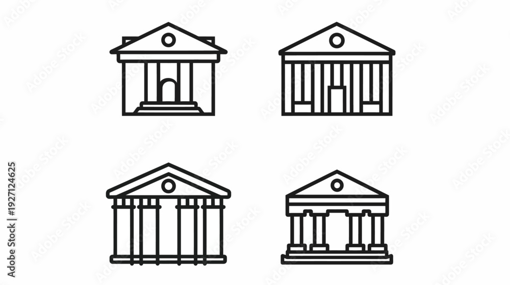 Fototapeta premium Four black line art illustrations of buildings with triangular roofs and columns