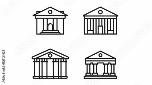 Four black line art illustrations of buildings with triangular roofs and columns