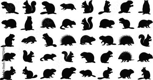 Rodent and Squirrel Silhouette Collection, Beaver Porcupine Woodland Animal Set, Black Wildlife Vector Illustration Isolated on White Background