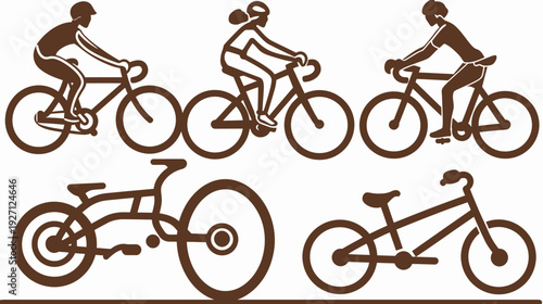 Brown silhouettes depicting cyclists on bicycles, along with detailed bicycle outlines