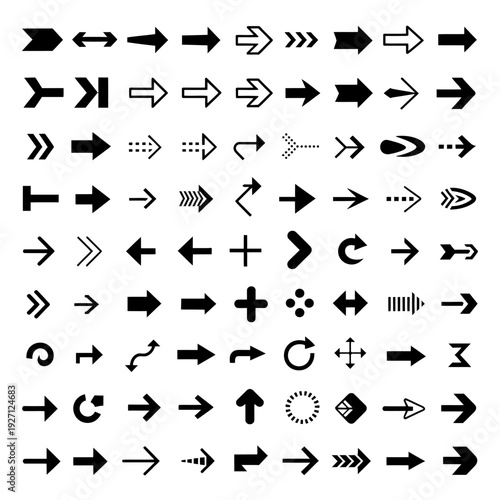 collection of various black arrow icons for ranking navigation and progress, featuring diverse directional symbols for growth levels and navigation status on white.