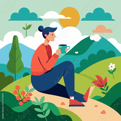 enjoy coffee on the hill illustration
