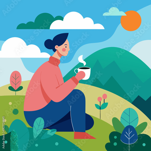 enjoy coffee on the hill illustration