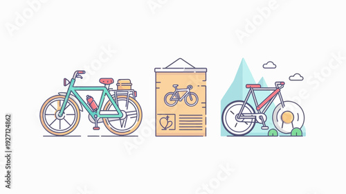 Stylized illustrations of bicycles and related elements, likely intended for graphic design