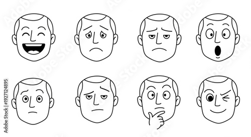 Line art illustrations of various human facial expressions and emotions in black and white.