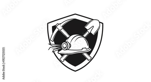 Mining emblem featuring tools and helmet, representing industry and labor, in monochrome style.