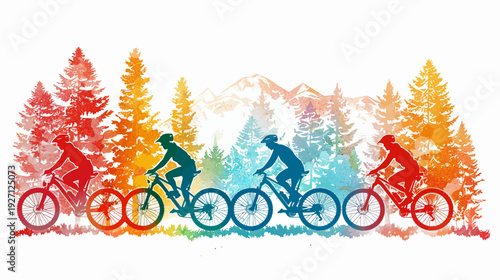 Colorful silhouettes of cyclists riding mountain bikes through a watercolor forest scene