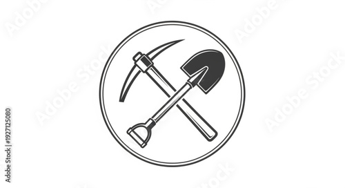 Illustration of a pickaxe and shovel crossed inside a circle, representing mining.