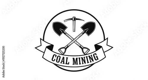 Coal mining emblem featuring crossed shovels and a pickaxe, vintage design.