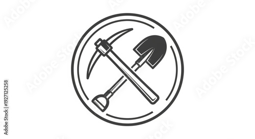 Circular emblem featuring a pickaxe and shovel, representing mining and industry.