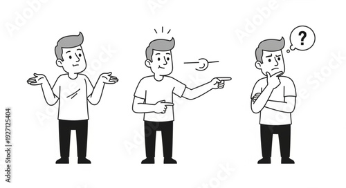 Man in various poses expressing confusion, pointing, and thinking with question mark.