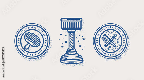 A barbershop-themed design featuring emblems with brushes and a pole with stars on a beige background