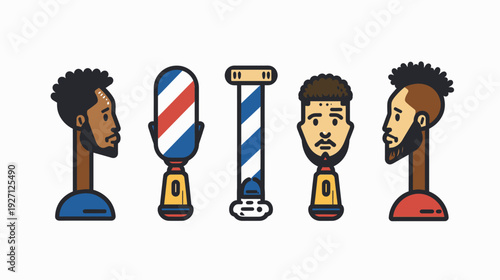 Stylized illustrations of barbers, barber poles, and male faces, with a minimalist design