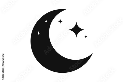 moon and stars icon, Crescent moon with stars silhouette vector 