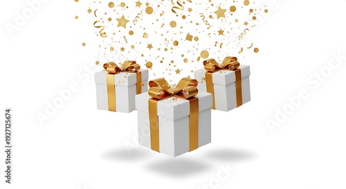 Wallpaper Mural Three white gift boxes with gold ribbons and falling gold confetti Torontodigital.ca
