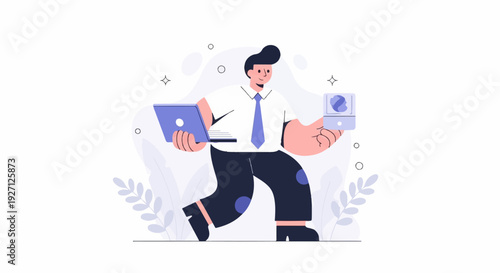 Animated man in suit walking with laptop and small device, surrounded by abstract shapes and leaves