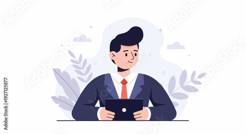 A smiling man in a suit holds a tablet in front of him against a soft background