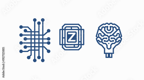 Three blue icons representing technology, possibly data, and intelligence on a white backdrop