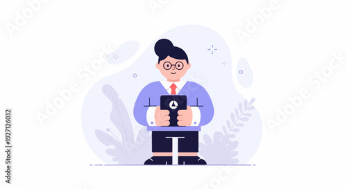 Stylized person in business attire holds tablet, surrounded by abstract shapes and foliage