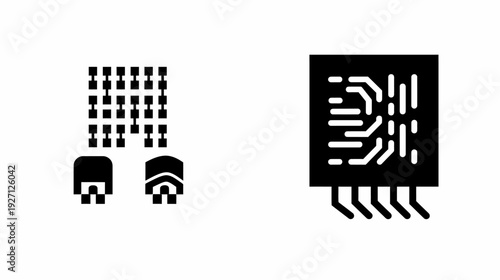 Silhouetted black icons depicting electronic components, including circuits, grids, and modules
