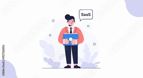 Wallpaper Mural Cartoon businessman holds a laptop, representing software as a service Torontodigital.ca