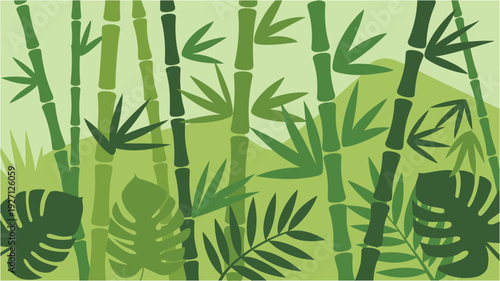 Bamboo forest background with tropical leaves and mountain silhouettes