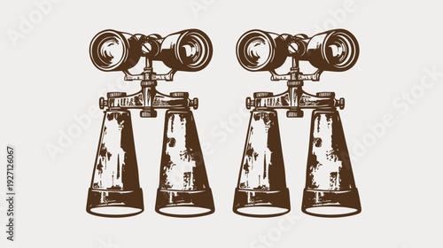A pair of brown, vintage-style binoculars. Detailed lines on a light beige background